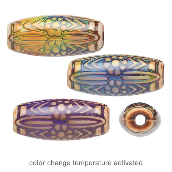 Bead, acrylic, cream and multicolored, 25x11mm color-changing round tube with tribal designs. Sold per pkg of 4. image number 0