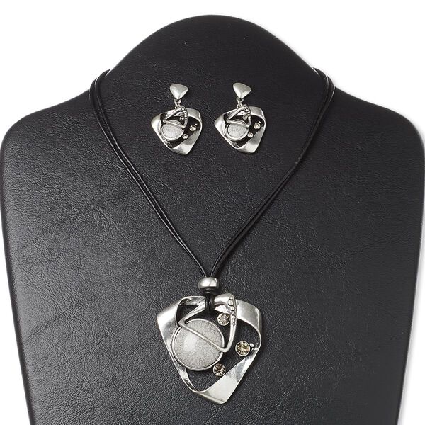Necklace and earring set, 2-strand, resin / leather (dyed) / antiqued silver-finished steel and "pewter" (zinc-based alloy), black / grey / smoke, 57x53mm twisted triangle, 16 inches with 3-inch extender chain and lobster claw clasp, 1-5/8 inch earrings with post. Sold per set. image number 0