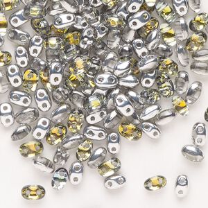 Seed bead, Preciosa Twin™ Pressed Twin Czech glass, pkg/200, 5x2.5mm oval, opaque iris silver and topaz, (15318).