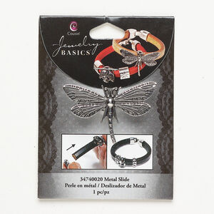 Slider bead 1pkg1, antique silver-finished "pewter" (zinc alloy), 48x30mm dragonfly.