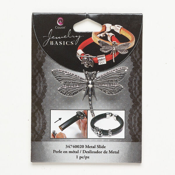 Slider bead 1pkg1, antique silver-finished "pewter" (zinc alloy), 48x30mm dragonfly. image number 0