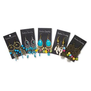 Earring mix, gold-finished / imitation rhodium- / antique brass-coated plated / steel / "pewter" (zinc-based alloy) / acrylic, mixed colors, 2-1/2 to 4-1/2 inch fishhook with mixed shapes. Sold per pkg of 5 pairs.