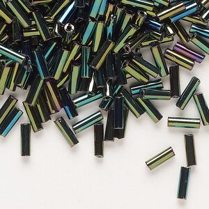 Bead, Preciosa Ornela Czech glass, bugle bead, pkg/50g, #3, green iris opaque black, (59155).