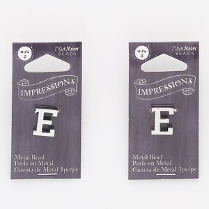 Bead, silver-finished "pewter" (zinc-based alloy), 13x10mm top-drilled alphabet letter "E." Sold per pkg of 2.