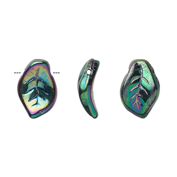 Bead, Czech pressed glass, iris green, 14x9mm top-drilled leaf. Sold per 15-1/2" to 16" strand, approximately 60 beads. image number 0
