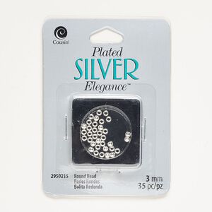 Bead, silver-finished brass, 3mm round. Sold per pkg of 35.