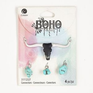 Drop assortment, silver-finished "pewter" (zinc-based alloy) / steel / enamel / magnesite (dyed / stabilized),  turquoise blue and matte black, 57x21mm steer skull and nuggets. Sold per pkg of 4.