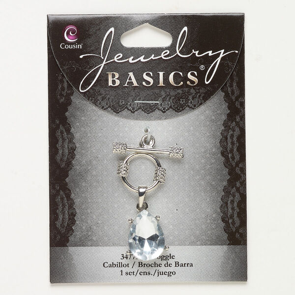 Clasp, toggle, silver-finished "pewter" (zinc-based alloy) and acrylic, pale blue, 17mm round and 18.5mmx11.5mm teardrop with wrapped rope design. Sold individually. image number 0