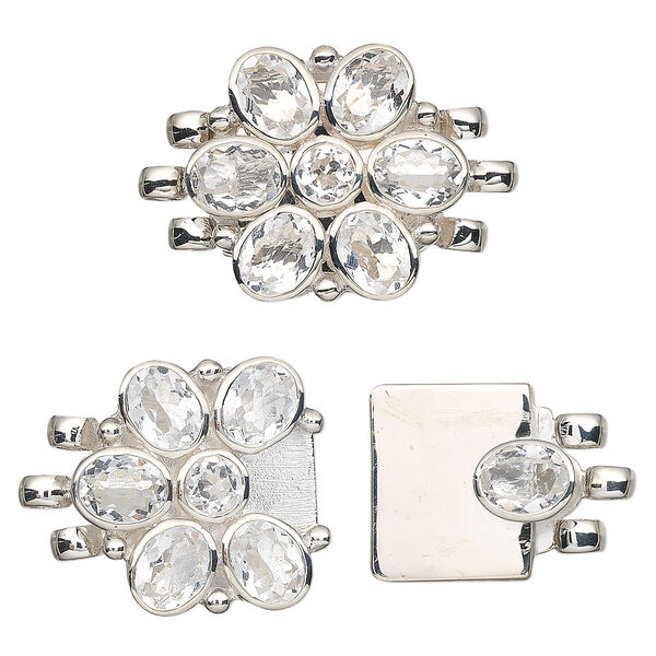Clasp, 3-strand tab, white topaz (natural) and sterling silver, 26x23mm flower with faceted oval. Sold individually. image number 0