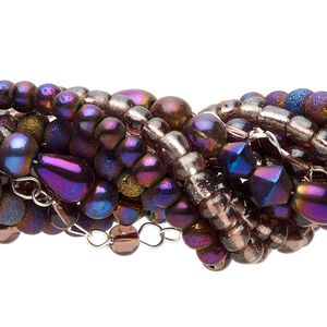 Bead mix, glass and silver-finished copper, translucent and opaque mixed colors, 4x2mm-8mm mixed shapes. Sold per pkg of (6) 14-inch strand, approximately 490 beads.