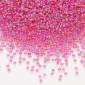 Seed bead, Miyuki, glass, pkg/250g, #15 rocaille, translucent hot pink-lined rainbow crystal clear (RR-355).