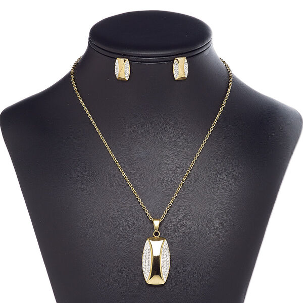 Necklace and earring set, epoxy / glass rhinestone / gold-finished stainless steel, white and clear, 35x19mm rectangle, 18-inch necklace with lobster claw clasp, 18mm earrings with post. Sold per set. image number 0
