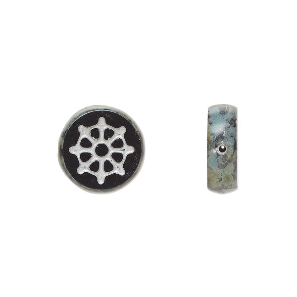Bead, Preciosa, Czech pressed glass, opaque black and matte white, 12mm flat round wheel. Sold per pkg of 5. image number 0