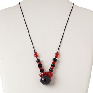 Necklace, silver-finished steel / nylon / glass, black and red, 22x21mm faceted teardrop, 20 inches with 2-inch extender chain and lobster claw clasp. Sold individually.