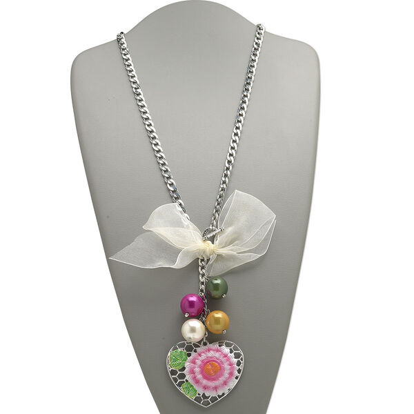 Necklace, silver-finished steel / aluminum / acrylic / satin, multicolored, 5x1-1 / 2 inch bow, 20mm round and 65x57mm heart with flower design, 24 inches with toggle clasp. Sold individually. image number 0