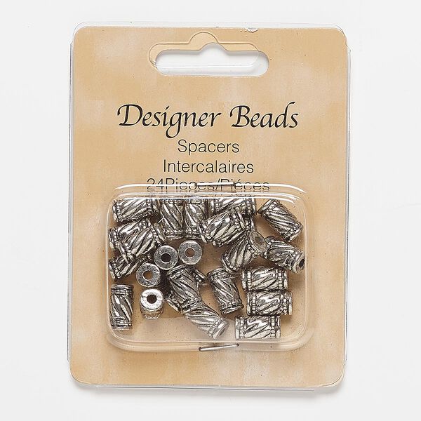 Bead, antiqued silver-finished "pewter" (zinc-based alloy), 11x6mm round tube with line design, 2mm hole. Sold per pkg of 24. image number 0