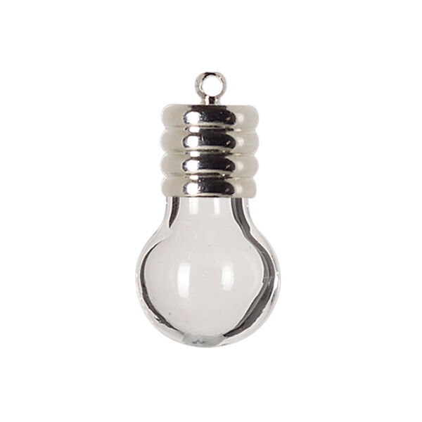Drop, lampworked glass and silver-finished brass, clear, 22x14mm-25x14mm round bottle with cap, 5.5mm hole. Sold individually. image number 0
