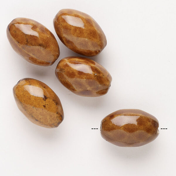 Bead, porcelain, pkg/5, 27x18-28x19mm oval, brown and tan. image number 0