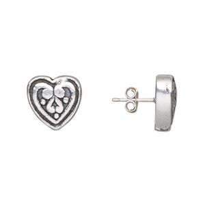 Earstud, antiqued sterling silver, electroformed, 12mm heart with swirls design. Sold per pair.
