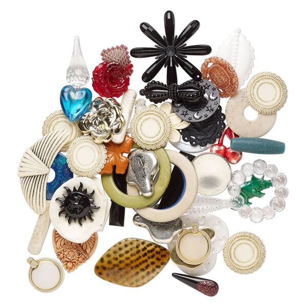 Component, acrylic, mixed colors, 1-inch to 3-3/4x2-inch vintage mixed shapes. Sold per 1-pound pkg. image number 0