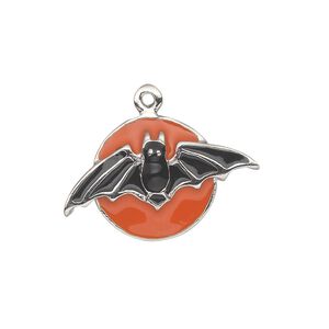 Charm, silver-plated "pewter" (zinc-based alloy) and enamel, black and orange, 27x17mm single-sided bat with moon. Sold individually.