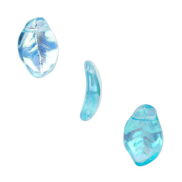 Bead, Czech pressed glass, aqua AB, 14x9mm top-drilled leaf. Sold per 15-1/2" to 16" strand, approximately 60 beads. image number 0