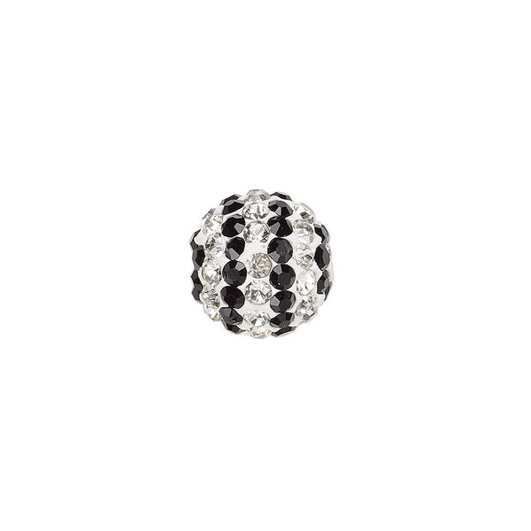 Bead, Egyptian glass rhinestone / epoxy / resin, white / clear / black, 12mm round with pavé striped design. Sold individually. image number 0