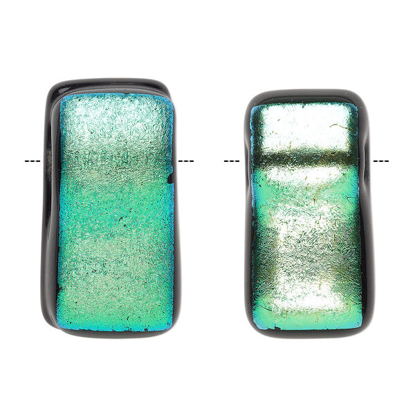 Bead, Paula Radke, dichroic glass, opaque green and black, 31x15mm-33x18mm top-drilled rectangle. Sold individually. image number 0