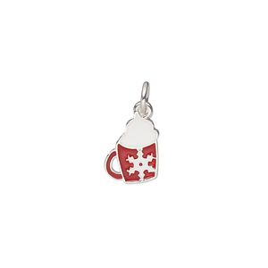 Charm, silver-finished "pewter" (zinc-based alloy) and enamel, red and white, 12x9mm mug with snowflake. Sold per pkg of 4.