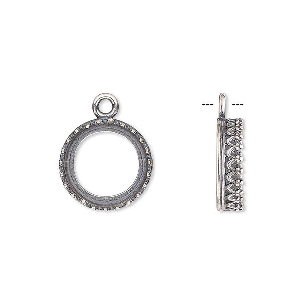 Drop, JBB Findings, antique silver-plated brass, 13.5mm round with open back and decorative trim, 12mm round bezel setting. Sold per pkg of 2. image number 0
