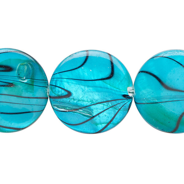 Mother-of-pearl shell 1pkg1, puffed flat round bead 15 inch blue / black stripe 19-20mm image number 0