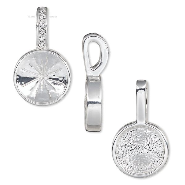 Pendant, Almost Instant Jewelry®, crystals and silver-plated "pewter" (zinc-based alloy), crystal clear, 24.5x14mm single-sided round with 12mm rivoli setting. Sold individually. image number 0