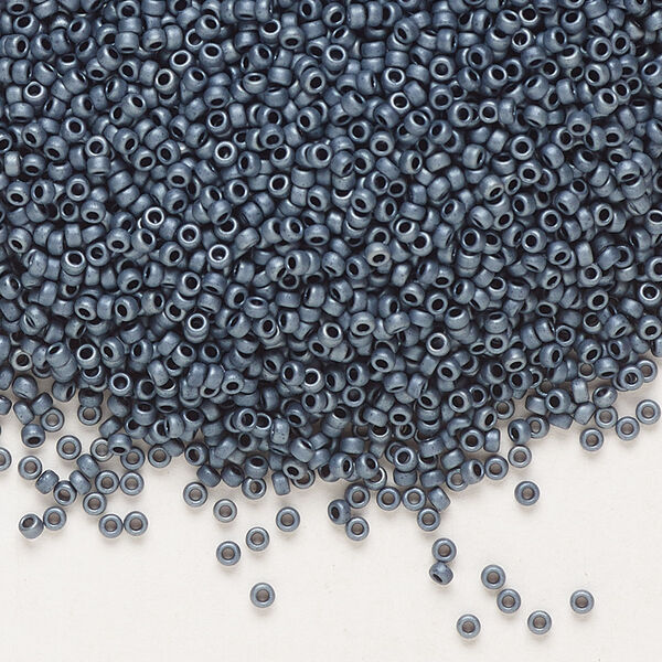 Seed bead, Miyuki, glass, pkg/250g, #15 rocaille, opaque matte gunmetal, (RR-2001). image number 0