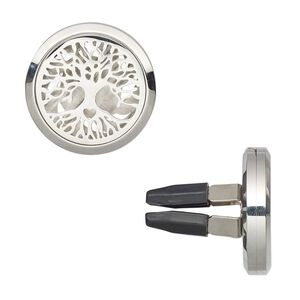 Gift, car vent clip, stainless steel and plastic, black, 30x29mm hinged round with cutout tree of life design and 4 prongs. Sold individually.