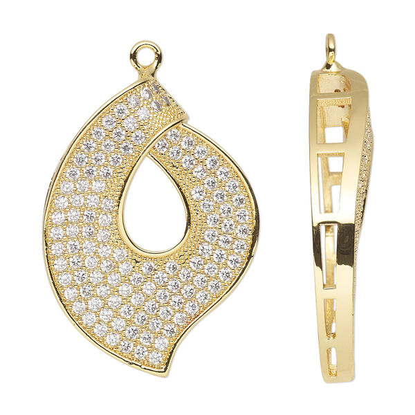 Focal, cubic zirconia and gold-finished brass, clear, 32.5x23mm single-sided leaf. Sold individually. image number 0