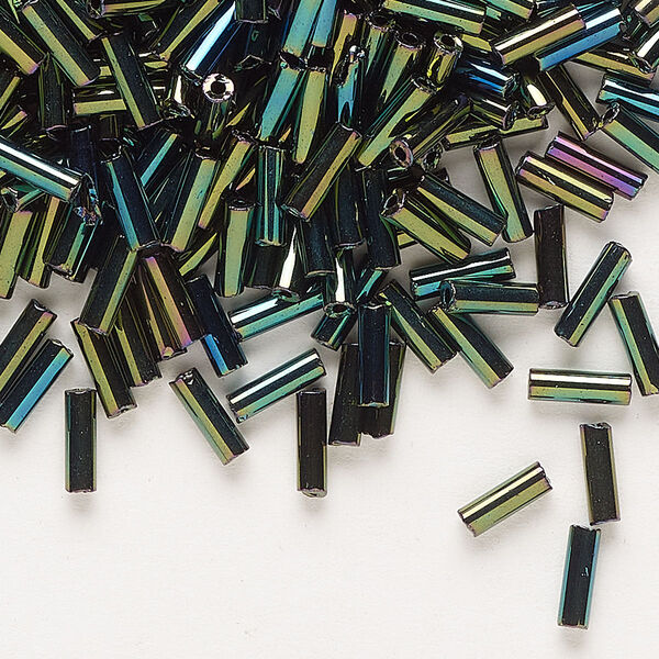 Bead, Preciosa Ornela Czech glass, bugle bead, pkg/500g, #3, green iris opaque black, (59155). image number 0