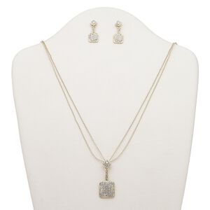 Necklace and earring set, 2-strand, Egyptian glass rhinestone / gold-finished steel / brass / "pewter" (zinc-based alloy), clear, 45x20mm with square, 32-inch necklace with 2-inch extender chain and lobster claw clasp, 30mm earrings with post. Sold per set.
