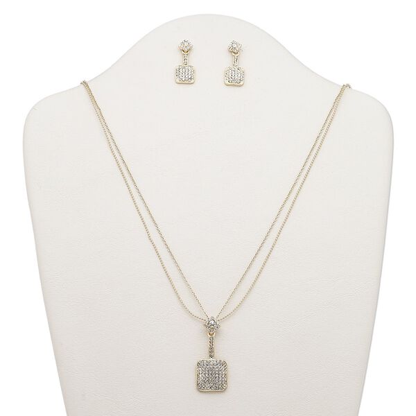 Necklace and earring set, 2-strand, Egyptian glass rhinestone / gold-finished steel / brass / "pewter" (zinc-based alloy), clear, 45x20mm with square, 32-inch necklace with 2-inch extender chain and lobster claw clasp, 30mm earrings with post. Sold per set. image number 0