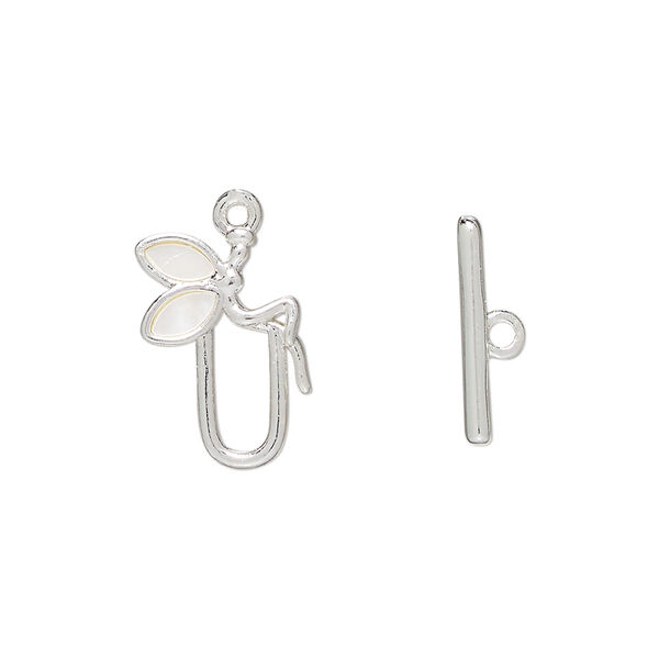 Clasp toggle 1pkg2 brass / mother-of-pearl shell, 17x11mm fairy, bleached silver finish / white image number 0