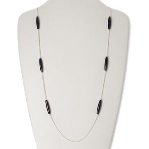 Necklace, acrylic and silver-finished brass, black, 27x6mm oval, 35 inches with lobster claw clasp. Sold individually.