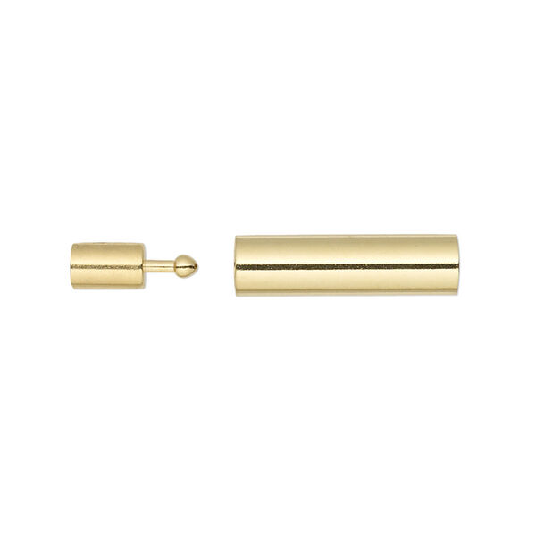 Clasp, pop-style, gold-plated brass, 18x5mm glue-in round tube with 3mm inside diameter. Sold per pkg of 4. image number 0