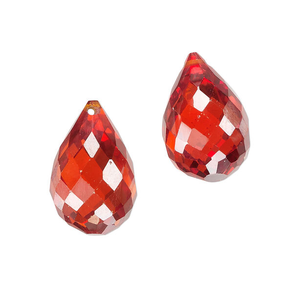 Bead, glass, pkg/2, 19x13mm-20x13mm top-drilled faceted briolette, translucent red. image number 0