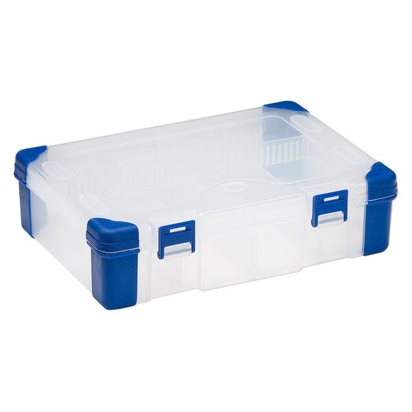 Organizer, acrylic and rubber, clear and blue, 9 x 6-1/4 x 2-1/4 inch rectangle with tray insert, 3-9 adjustable compartments. Sold individually. image number 1