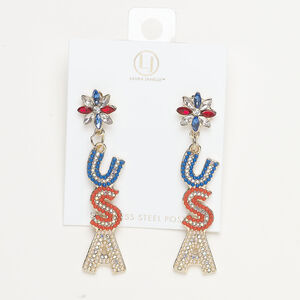 Ear stud 1pkg2 "pewter" (zinc alloy), 3 inch "USA" / safety clutch, clear / blue / red acrylic / gold-finished stainless steel 1 pair