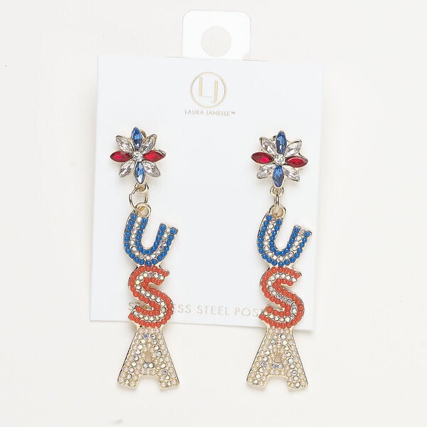 Ear stud 1pkg2 "pewter" (zinc alloy), 3 inch "USA" / safety clutch, clear / blue / red acrylic / gold-finished stainless steel 1 pair image number 0