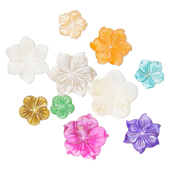 Bead mix, mother-of-pearl shell (bleached / dyed), mixed colors, 15x15mm-40x40mm hand-carved flower, Mohs hardness 3-1/2. Sold per pkg of 10. image number 0