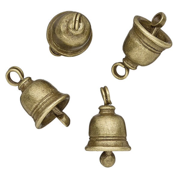 Charm, antique brass-finished "pewter" (zinc-based alloy), 16x12mm bell. Sold per pkg of 4. image number 0