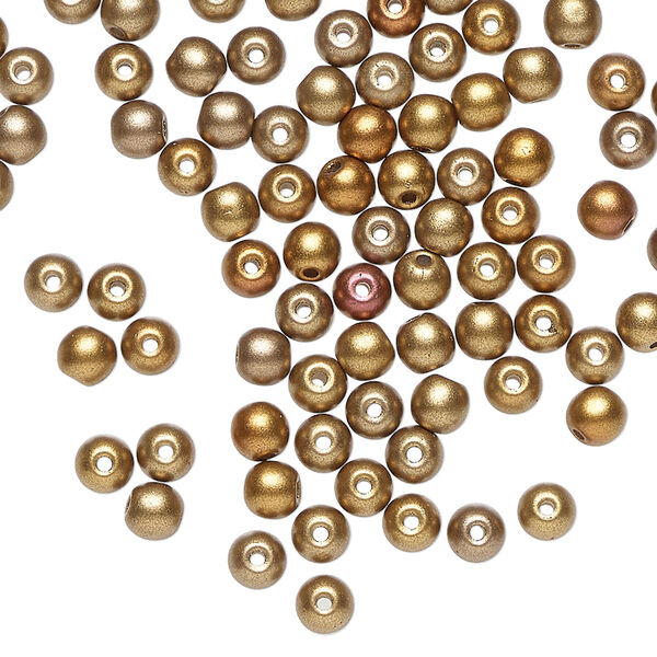 Bead 1pkg100, Czech glass druk, opaque metallic satin bronze tone, 4mm round. image number 0