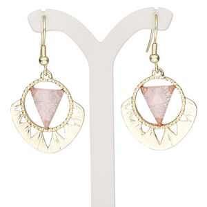 Earring, resin with gold-finished brass and "pewter" (zinc-based alloy), pink, 1-1/2 inch matte with triangle and fishhook ear wire. Sold per pair.