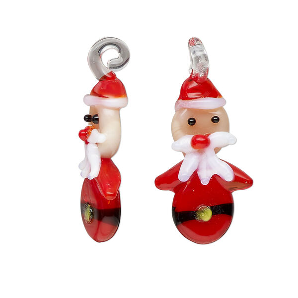 Drop, lampworked glass, opaque multicolored, 24x13mm-29x17mm Santa. Sold per pkg of 2. image number 0
